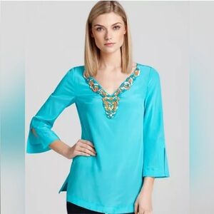 Trina Turk Sunfish Beaded Kurta Tunic Silk Top
